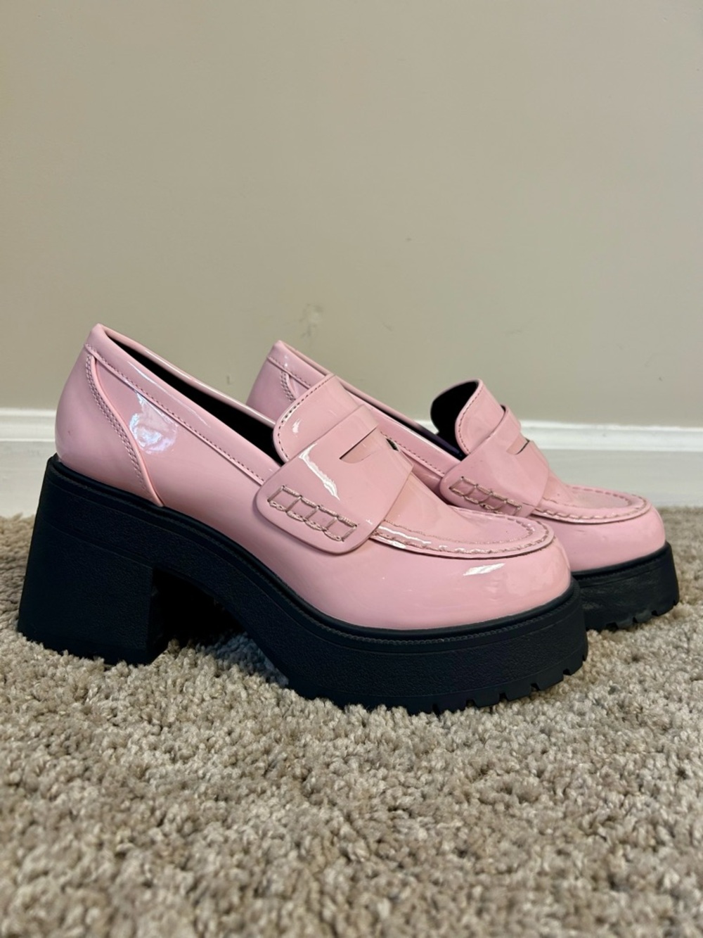 Soda Pink Patent Platform Loafers with Black Lug Sole - Picture 2 of 3